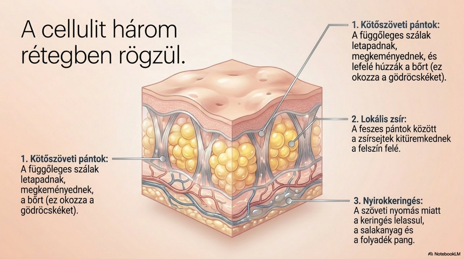 A narancsbőr három rétegben rögzül: kötőszöveti kötegek, lokális zsír és a nyirokkeringés