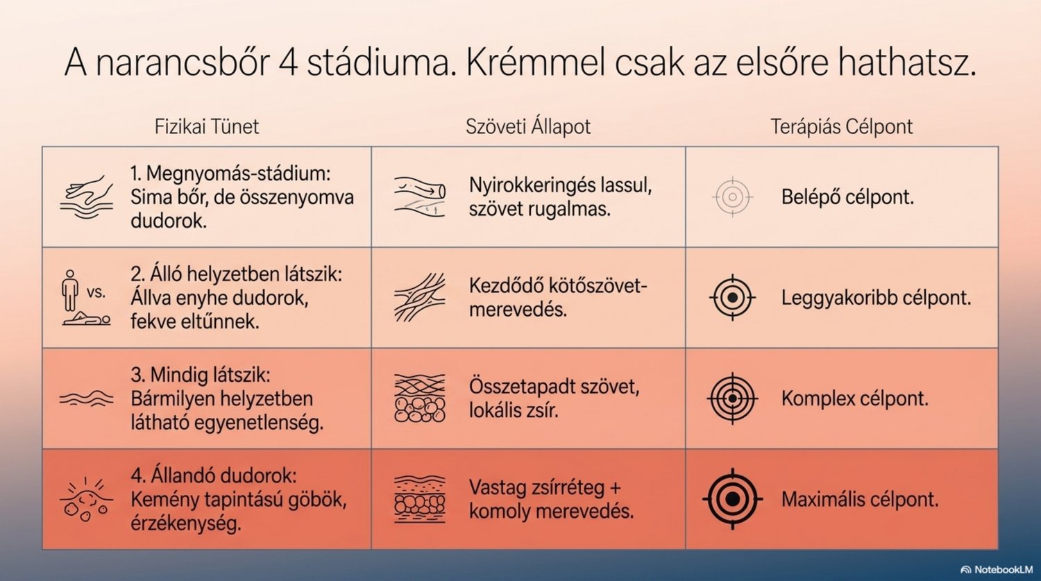 A narancsbőr négy stádiuma — fizikai tünet, szöveti állapot és terápiás cél