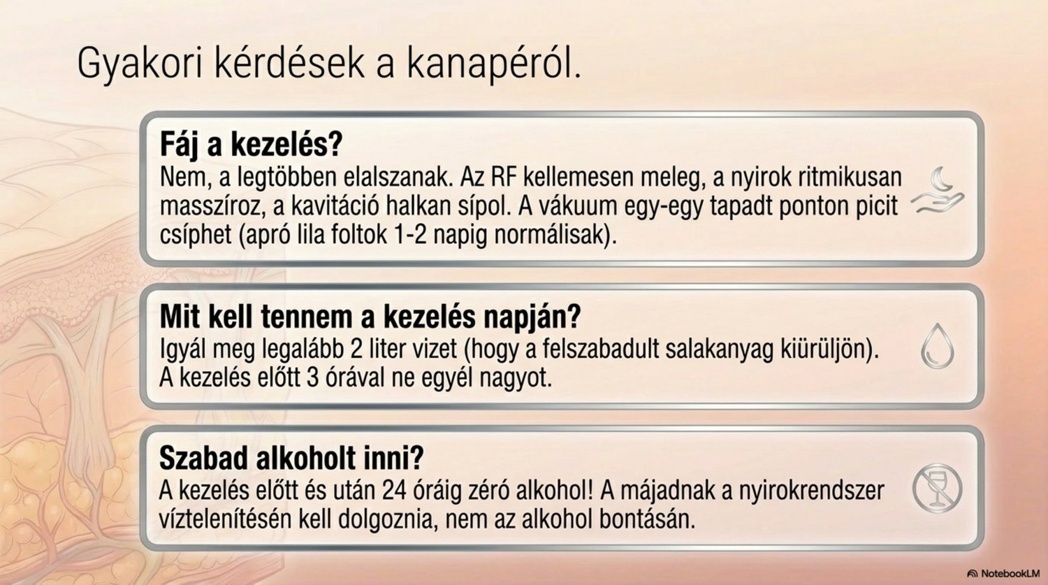 Gyakori kérdések a narancsbőr-kezelés napjáról — vízivás, étkezés, alkohol